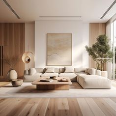 a modern living room with white furniture and wood flooring