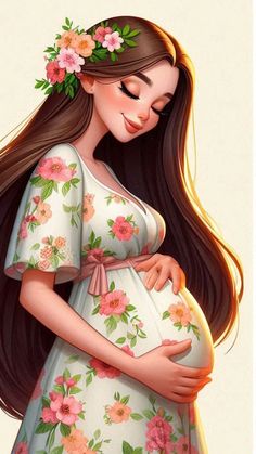 a pregnant woman with flowers in her hair is wearing a white dress and holding a baby bump