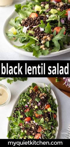 black lentil salad on a white plate with dressing in the background and text overlay