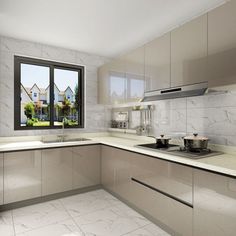 a modern kitchen with marble counter tops and stainless steel appliances in front of a large window