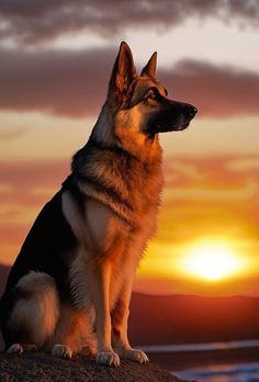 a dog sitting on top of a rock next to the ocean at sunset or dawn