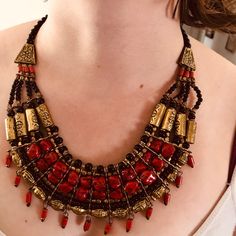 Beautiful Red, Black And Gold Necklace. Made By Indian In India It Can Be Use For Special Occasions. Amazing Item For Christmas Gift Bohemian Red Necklace With Black Beads, Red Jewelry With Black Beads For Festival, Bohemian Red Necklace For Party, Red Bohemian Necklace For Party, Festival Red Jewelry With Black Beads, Red Bohemian Choker Necklace, Adjustable Red Necklace For Festival, Red Choker Necklace For Festival, Adjustable Red Necklace With Black Beads