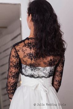 This amazing, gentle and very feminine and can become a special  to your wedding dress ! It will compliment any  dress, cocktail dress or evening gown. It will be perfect also for your bridesmaids.Made with  beautiful lace and sequins.Available color black.This bolero measures approximately 11"-12" from the base of your neck down the center back.Bust 34"-35".3/4 sleeve--17 inch.   Care instructions: Hand wash, cold water, no bleach, rinse well and promptly remove.        For best results, hand w Lace Top With Long Sleeves For Wedding, Elegant Lace Top For Wedding Night, Lace Top With Lace Sleeves For Wedding, Long Sleeve Lace Top For Wedding, Fitted Lace Back Top For Wedding, Delicate Lace Long Sleeve Top For Wedding, Elegant Lace Wedding Dress With Patchwork, Elegant Wedding Dress With Lace Patchwork, Lace Top With Lace Back For Wedding