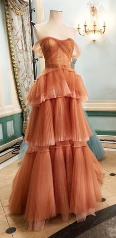 Vintage Non Traditional Wedding Dress, Flowy Romantic Dresses, Peach Colored Prom Dresses, Rust Tulle Dress, Gorgeous Gowns Evening, Fairytale Theme Prom Dress, Fairytale Ballgown Aesthetic, Taylor Swift Inspired Prom Dresses, Dresses Yule Ball