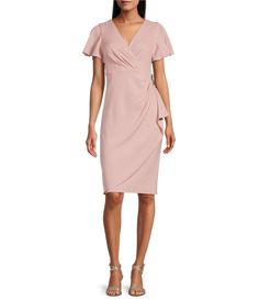 Ignite Evenings Short Flutter Sleeve V-Neck Metallic Knit Sheath Dress | Dillard's Elegant V-neck Dress With Flutter Sleeves, Elegant Fitted V-neck Dress With Flutter Sleeves, Feminine V-neck Bodycon Evening Dress, Feminine V-neck Bodycon Dress For Formal Occasions, V-neck Dress With Draped Sleeves For Work, Formal Feminine V-neck Bodycon Dress, Short Mother Of The Bride Dresses, Casual Mother Of The Groom Dresses, Summer Mother Of The Bride Dresses