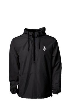 a black windbreaker jacket with white mountains on it