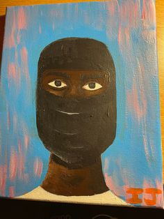 an acrylic painting of a person wearing a black mask on a blue background