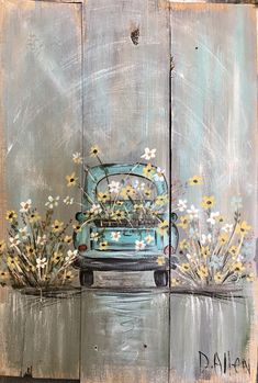 a painting with flowers and a blue truck on the front, painted in acrylic paint