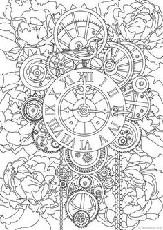 a clock with gears and flowers on it in the middle of a coloring book page