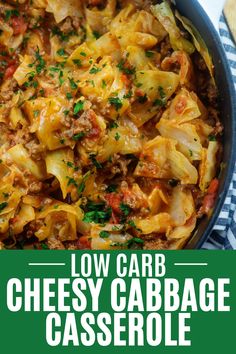 Cabbage casserole in black bowl with blue napkin. Cheesy Cabbage Beef Casserole, Cheeseburger Cabbage Casserole, Low Carb Beef And Cabbage, Low Carb Meals With Cabbage, Cheesy Cabbage Beef Skillet, Low Carb Cheesy Cabbage Casserole, Cheesy Ground Beef And Cabbage Skillet, Keto Hamburger And Cabbage Recipes, Cabbage And Ground Meat Recipes