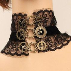 Mix Victorian and Steampunk style for a stunning choker. Adjustable chain Material: velvet ribbon, lace and zinc alloy Length: 11.8 inches | 30cm Steampunk Choker, Steampunk Black, Mode Steampunk, Steampunk Aesthetic, Steampunk Couture, Gothic Lace, Steampunk Crafts, Black Lace Choker, Gear Clock