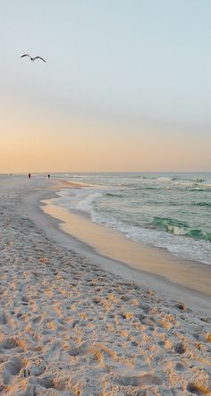 two people walking on the beach near the ocean at sunset, with one person flying a kite in the distance