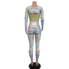 "**Due to SO MANY issues with USPS - we STRONGLY ENCOURAGE you to purchase the UPS Upgrade with your order located here: https://www.etsy.com/listing/926751536/ups-upgrade Our \"Alien\" costume includes our opal holographic high-waisted lace-up leggings, lime holo tube top and long sleeve bolero top in a perfect set for your costume party. The high waist leggings have lime holo lace-up detail in front and a 30\" inseam. You can request a custom inseam in the customization box. Women's Sizing (Se Space Costume, Rave Leggings, Space Costumes, Holographic Iridescent, Bolero Top, Sleeve Bolero, Alien Costume, Crossfit Women, Lace Up Leggings