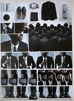 a collage of black men's suits and shoes, all in different styles