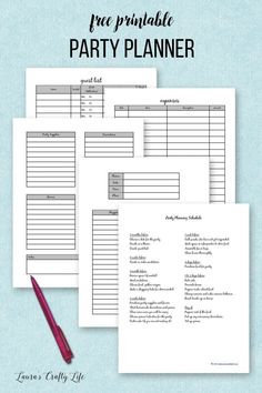 the free printable party planner is on top of a blue background with a pink pen