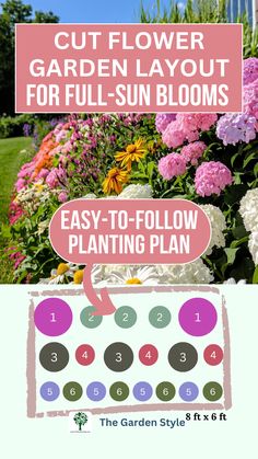 a flower garden with the text cut flower garden layout for full - sun blooms easy to follow planting plan