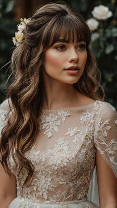 wedding hairstyles half length with bangs Hairstyle With Bangs For Wedding, Medium Length With Bangs, Hair 2025, Essential Hair Products, Hair Maintenance Tips, Traditional Hairstyle, Bridesmaid Duties, Valentines Wedding, Bouncy Hair