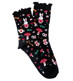 These cute Alice in Wonderland lettuce edge style socks come on a black background! They're women's one size fits all, soft, and stretchy! Made with a cotton/spandex blend and are machine washable (cold setting.) Cotton Socks For Spring Stocking Stuffers, Playful Fitted Cotton Socks, Cute Black Cotton Socks, Cute Black Stretch Socks, Cute Stretch Black Socks, Playful Black Winter Socks, Comfortable Black Socks For Spring, Playful Black Cotton Socks, Cute Black Spring Socks