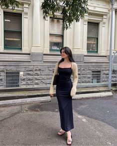 Slim Black Dress Outfit, Long Dress Ootd, Elegant Soft Aesthetic, Soft Dress Outfit, Skims Long Slip Dress Outfit, Long Black Dress Casual Summer, Black Dress Styling Casual, Summer Fit Casual, Soft Dress Aesthetic