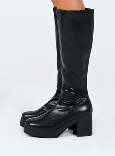 Knee high boots Princess Polly Exclusive Faux leather material Zip fastening Square toe Platform base Heel height: 8cm / 3.1in Knee High Boots Black, Swift Tour, Lace Up Wedges, Loafer Sneakers, Outerwear Outfit, Boot Pumps, Casual Sport Shoes, Heeled Loafers, Platform Sneakers