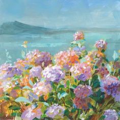 an oil painting of pink and purple flowers by the ocean with mountains in the background