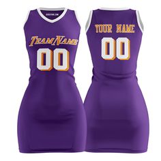 Shop custom purple basketball jersey dress for women and girls at Jersey One. The jersey dresses are made from durable, quick-dry, and breathable polyester fabric, they are perfect for daily, parties or outfitting your team. Embroidered Tracking Twill The team name, player name, and player number are embroidered, making the jersey durable, breathable, and stylish. Design Your Own You can also customize the design of our basketball jersey dress template. For example, you can change the font and o Fitted Sleeveless Cheerleading Dress, Sporty V-neck Sports Dress, Gold Basketball Jersey, Purple Basketball Jersey, Basketball Jersey Dress, Basketball Dress, Dress Template, Dress Templates, Purple Basketball