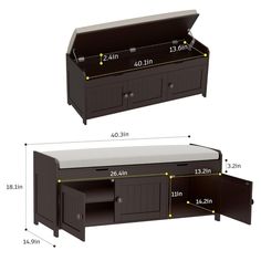 an image of a bench with drawers and measurements