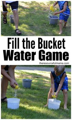 two children are playing with buckets and water in the grass, while another child is holding