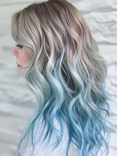 Silver Hair With Blue Highlights, Blue Balayage Blonde, Blonde Hair With Color, Blue And Blonde Hair, Blonde Hair With Blue Highlights, Fun Highlights, Blonde And Blue Hair, Baby Blue Hair, Blue Hair Highlights