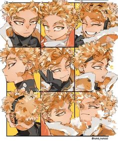 the many faces of an anime character with blonde hair and brown eyes, all in different poses