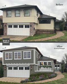 before and after shots of a house with two garages on each side, the same one