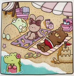 an image of a teddy bear on the beach with other toys and things in the background