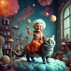 an older woman sitting on top of a cat in a room filled with balloons and furniture