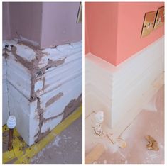 two pictures side by side one has pink walls and the other is white with brown trim