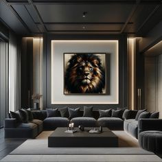 a living room filled with furniture and a large painting on the wall above it's coffee table