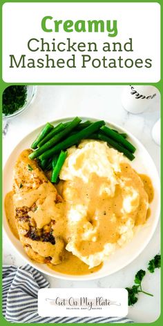 creamy chicken and mashed potatoes with gravy on the side in a white bowl