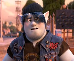 an animated character wearing a hat and vest with horns on it's head, standing in front of a city street