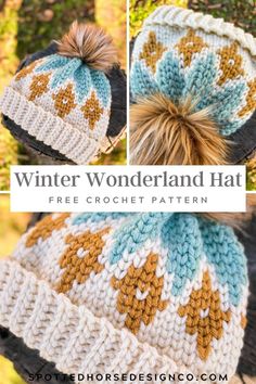 Crochet, winter, hat, free pattern Crochet Winter Beanie Free Pattern, Crochet Mountain Hat, Tapestry Crochet Beanie, Winter Crochet Beanie, Crochet Faux Fur Patterns, 2 Color Crochet Hat, Fair Isle Crochet Hat