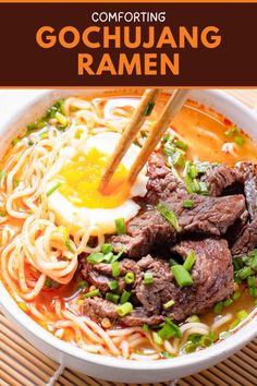 an image of a bowl of ramen with chopsticks in it and the title overlay reads comforting gochuang ramen