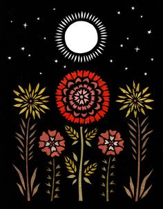 an image of flowers and stars in the night sky