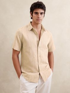 Slim Linen-Blend Shirt | Banana Republic Factory Classic Collared Short Sleeve Shirt For Beach, Classic Button-up Camp Shirt For Beach, Beige Camp Collar Shirt With Button Closure, Classic Beach Camp Shirt Button-up, Classic Short Sleeve Shirt With Button Closure For Vacation, Casual Beige Button-up Camp Shirt, Beige Button Closure Shirt For Summer, Beige Summer Shirt With Button Closure, Classic Beige Tops For The Beach