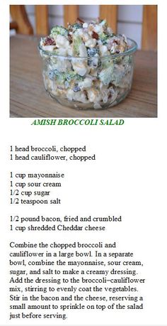 a recipe for broccoli salad in a glass bowl