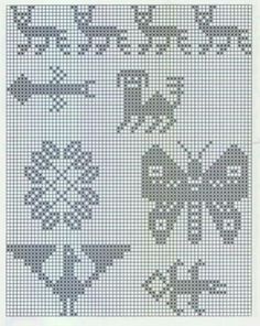 a cross stitch pattern with flowers and butterflies on the side, in grey tones that appear to be made out of yarn