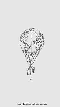 a drawing of a hot air balloon with the world on it