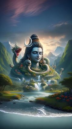 an image of lord ganesha in the midst of mountains and water with his eyes closed