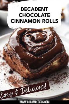 chocolate cinnamon rolls on a white plate with text overlay