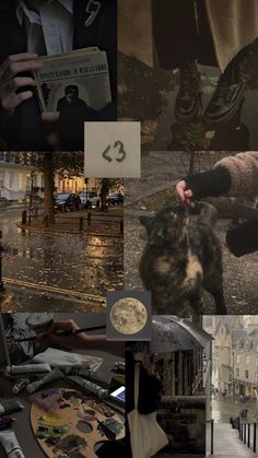 a collage of photos with people and animals