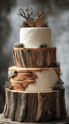 a three tiered cake decorated with deer antlers on top of a tree stump