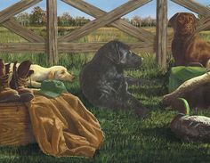 a painting of dogs and cats sitting in the grass by a fence with a blanket on it