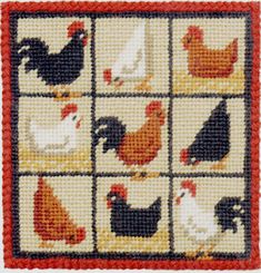 a cross stitch pattern with chickens and roosters on it's squares in red